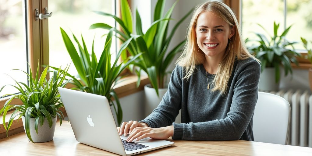 Person ved skrivebord med laptop og planter